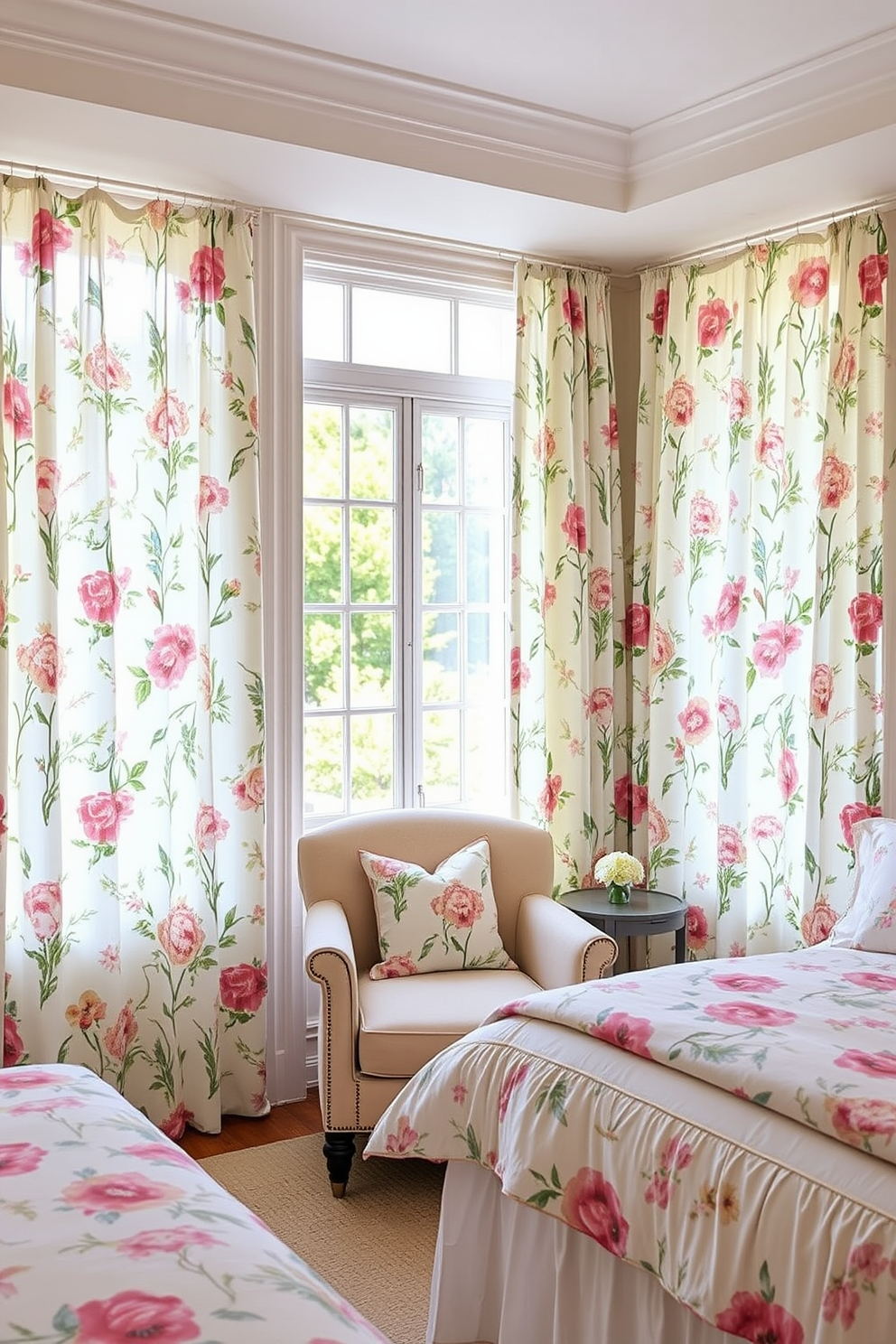 A bright and airy bedroom featuring floral prints on the curtains that add a cheerful atmosphere. The curtains are made of lightweight fabric, allowing natural light to filter through while showcasing a vibrant pattern of blooming flowers in pastel colors. The bedding complements the cheerful theme with a mix of floral and solid colors. A cozy reading nook by the window includes a plush chair and a small side table, enhancing the inviting ambiance of the room.