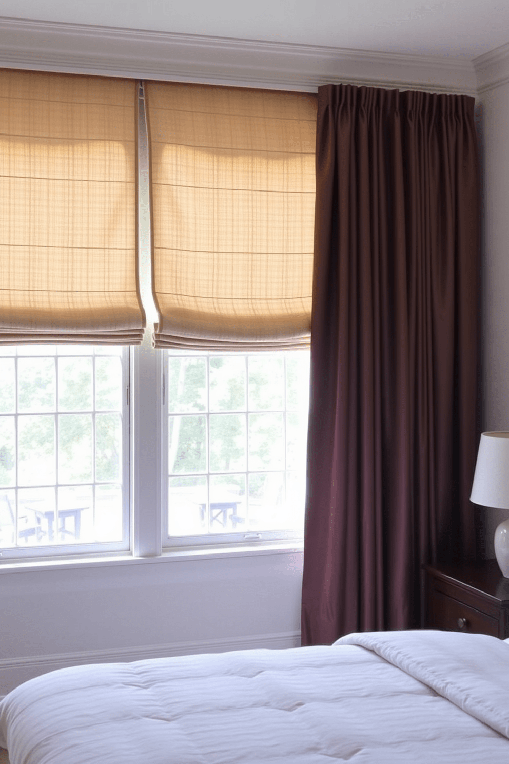 A serene bedroom featuring elegant Roman shades that gracefully frame a large window. The shades are made of a soft, textured fabric in a neutral tone, allowing natural light to filter through while providing privacy. Complementing the Roman shades, the room is adorned with luxurious floor-to-ceiling curtains in a rich, deep color that adds a touch of drama. The curtains are elegantly gathered at the sides, enhancing the overall sophistication of the bedroom design.