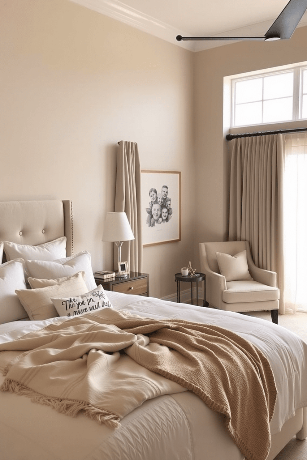 A cozy bedroom setting with a neutral color palette that promotes relaxation. The walls are painted in soft beige, and the bedding features various shades of cream and taupe, creating a warm and inviting atmosphere. A plush upholstered headboard complements the serene color scheme, while layered soft throws and decorative pillows add texture. Natural light filters in through sheer curtains, illuminating a comfortable reading nook with a stylish armchair and a small side table.