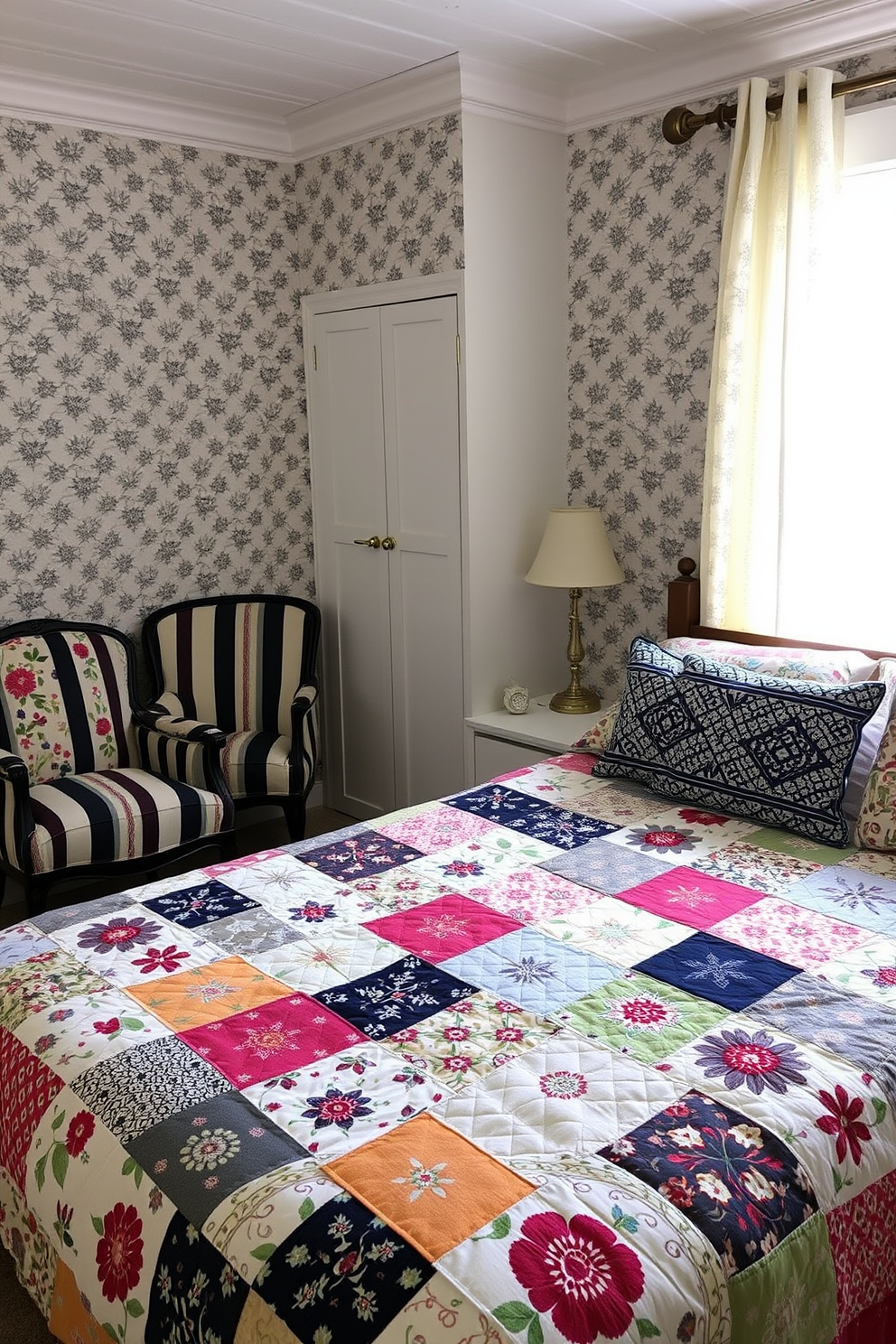 A cozy bedroom featuring a mix of floral and geometric patterns. The bed is adorned with a patchwork quilt that combines various colors and designs, while the throw pillows showcase contrasting prints. On one side of the room, a vintage armchair is upholstered in a bold striped fabric, adding a playful touch. The curtains are a delicate lace pattern, allowing soft light to filter in and enhance the overall ambiance.