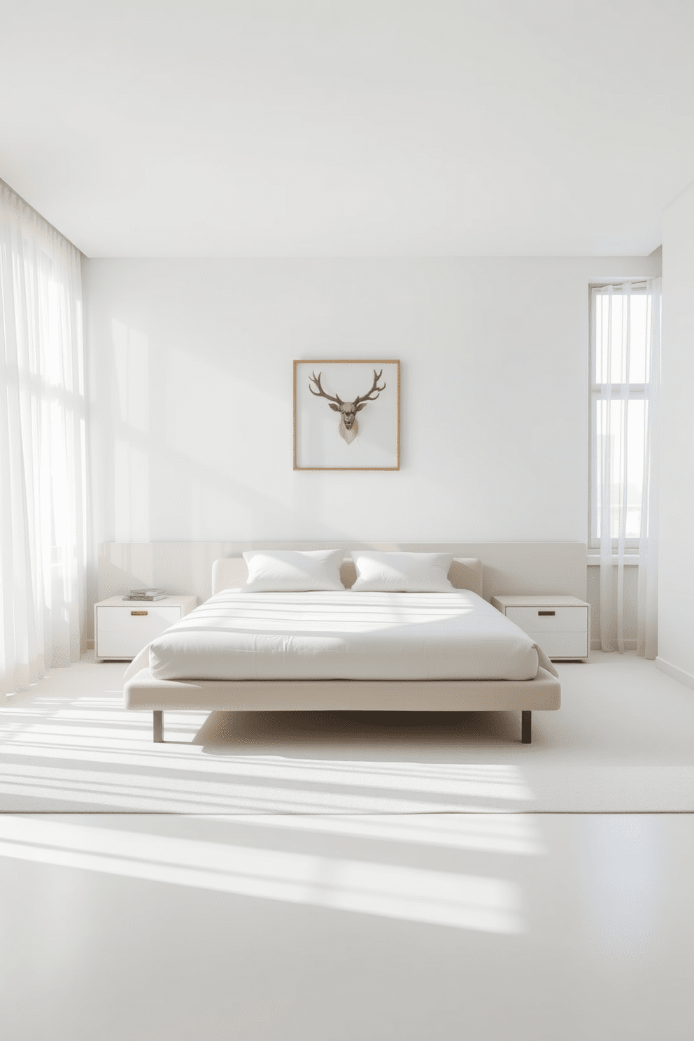 A serene minimalist bedroom with clean lines and a neutral color palette. The bed features a low-profile frame and crisp white linens, complemented by a pair of simple nightstands on either side. Natural light floods the room through large windows dressed with sheer curtains. A single piece of abstract art hangs above the bed, adding a touch of elegance without overwhelming the space.