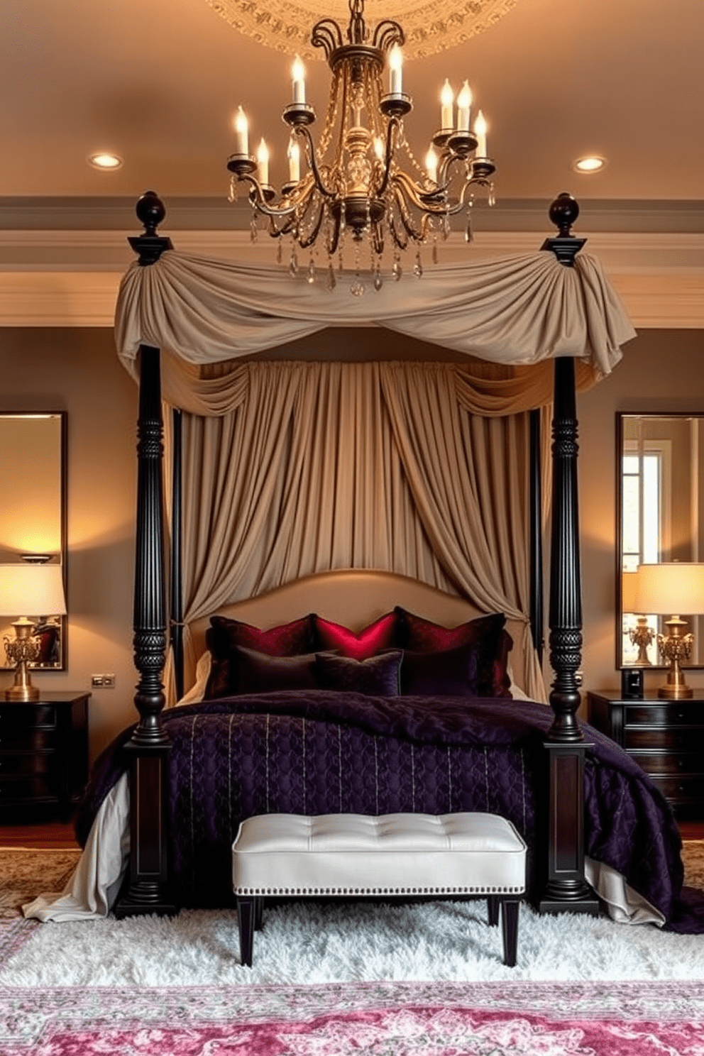 A luxurious bedroom featuring a grand four-poster bed draped with soft, flowing fabric. The bed is complemented by elegant nightstands on either side, adorned with stylish lamps that cast a warm glow. Richly textured bedding in deep jewel tones adds a sense of opulence to the space. The room is finished with plush area rugs and a statement chandelier that enhances the overall ambiance.