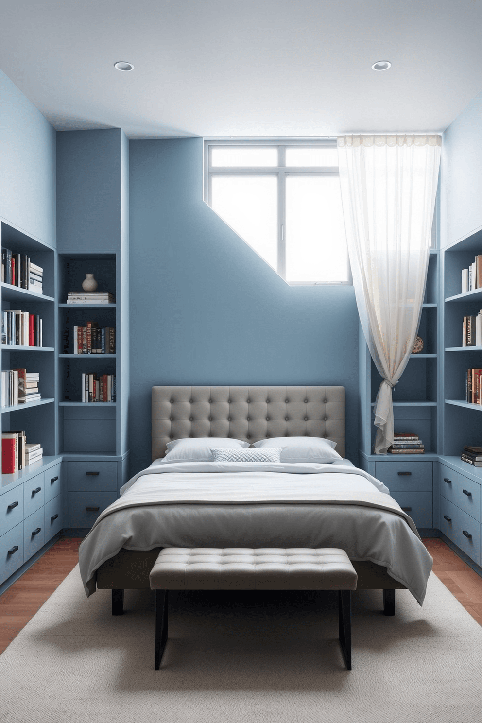 A cozy bedroom designed with built-in storage solutions to maximize space. The walls are painted in a soft blue hue, and a plush bed with a tufted headboard is centered against the wall. On either side of the bed, sleek built-in shelves hold books and decorative items. A large window lets in natural light, adorned with sheer white curtains that gently diffuse the sunlight.