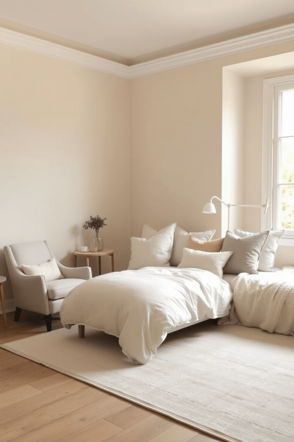 Create a serene atmosphere with soft hues in a bedroom. The walls are painted in a gentle pastel shade, complemented by a plush bed adorned with light linen bedding and an assortment of soft pillows. In one corner, a cozy reading nook features a comfortable armchair and a small side table, bathed in natural light from a large window. A delicate area rug lies beneath the bed, adding warmth and texture to the space.