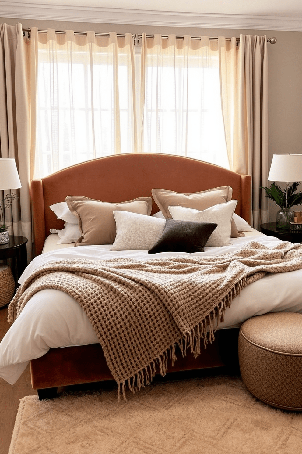 A cozy bedroom featuring a plush velvet headboard that adds a touch of luxury. The bedding is layered with soft linen sheets and a chunky knit throw, creating an inviting atmosphere. Natural light filters through sheer linen curtains, illuminating the room's warm color palette. A stylish area rug with a subtle pattern anchors the space, while decorative pillows in various textures enhance the comfort of the bed.