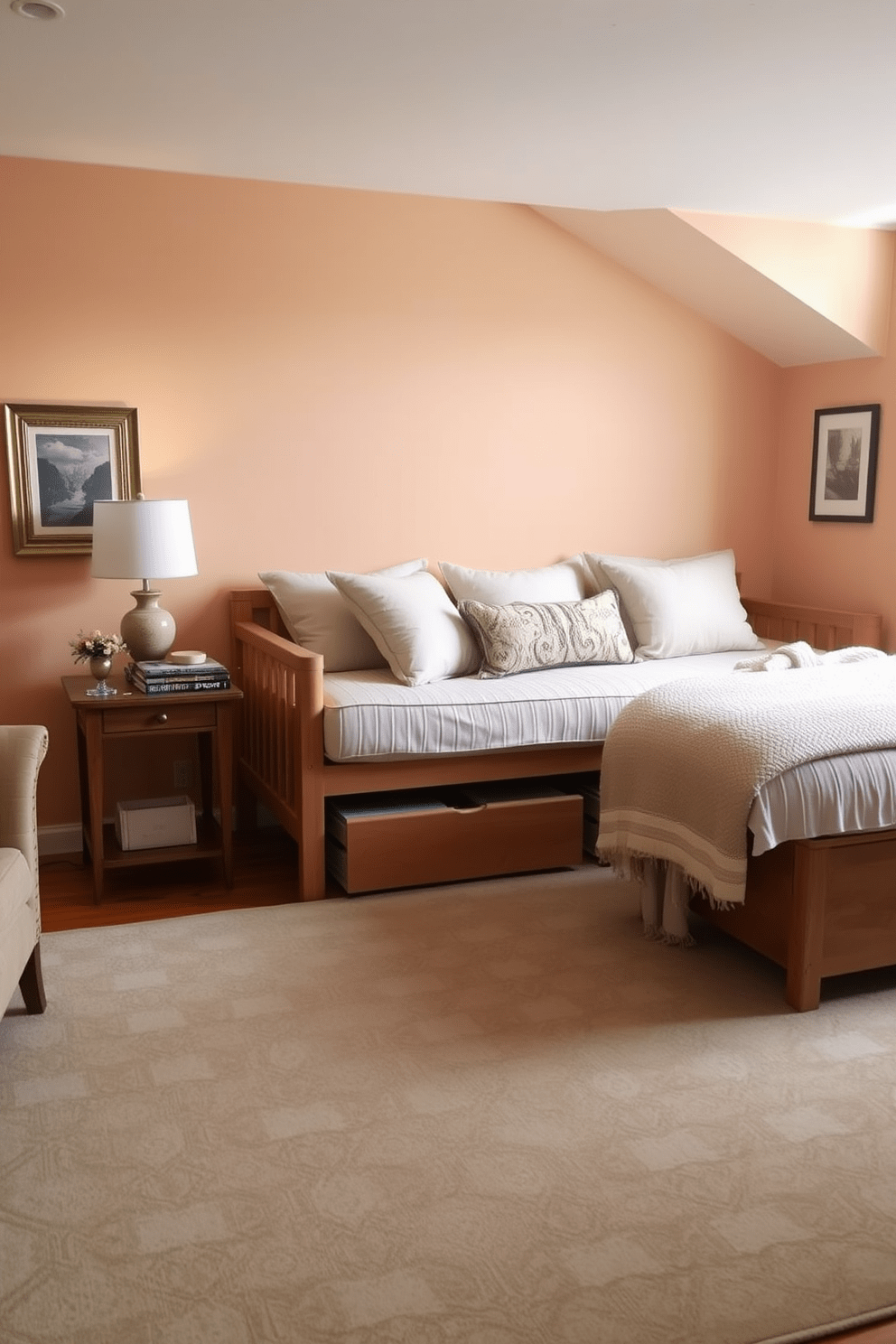 A cozy bedroom featuring a stylish daybed that serves as both a seating area and a sleeping space. The daybed is adorned with plush cushions and a soft throw blanket, creating an inviting atmosphere. The walls are painted in a soft, warm hue, complementing the natural wood tones of the furniture. A large area rug anchors the space, while a bedside table holds a decorative lamp and a stack of books for added charm.