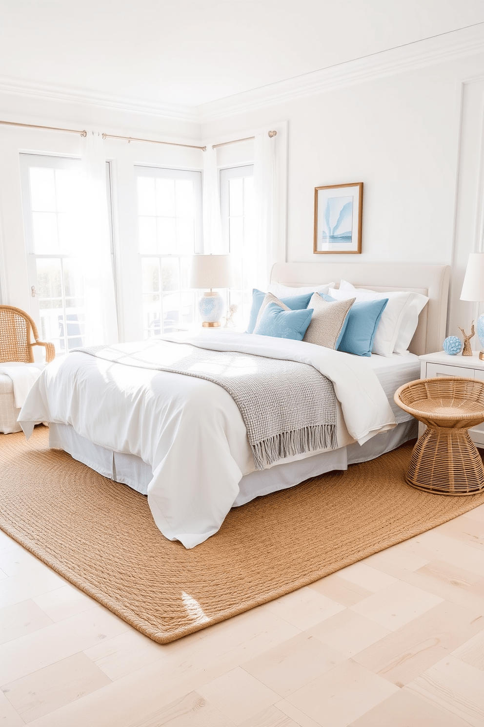 A serene coastal bedroom featuring soft white walls and light blue accents. The bed is dressed in crisp white linens with a textured throw blanket and fluffy pillows in varying shades of blue. Natural light floods the room through large windows adorned with sheer curtains. A woven jute rug lies beneath the bed, complementing the light wood flooring and adding warmth to the space. To the side, a small seating area includes a rattan chair and a round side table. Decorative elements like seashells and driftwood accents are tastefully arranged on the bedside tables.