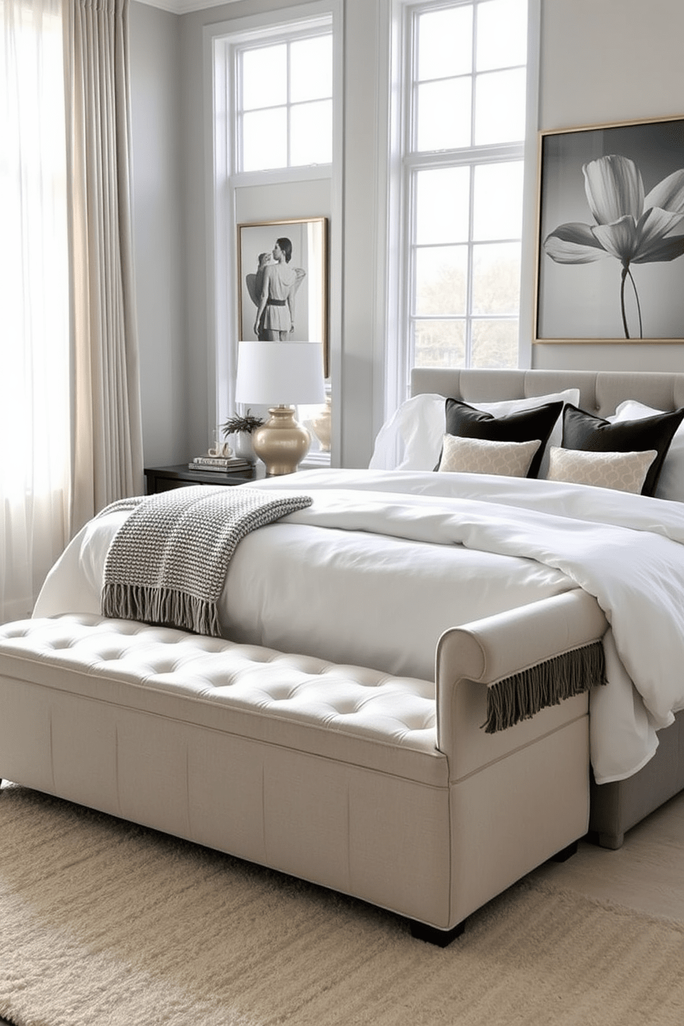 A serene bedroom setting with a plush king-sized bed dressed in soft white linens and a textured throw blanket. At the foot of the bed, a stylish upholstered bench provides a cozy spot for relaxation and storage. The walls are painted in a calming light gray, complemented by elegant artwork that adds a touch of sophistication. Natural light floods the room through large windows adorned with sheer curtains, creating an inviting atmosphere.