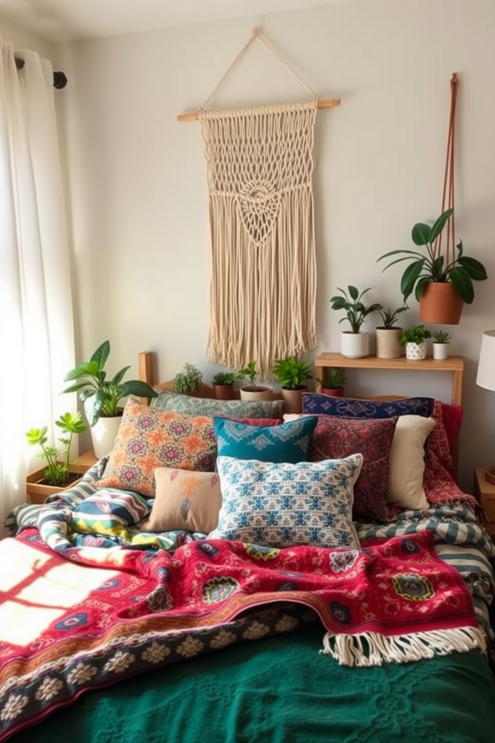 Create a cozy bedroom infused with a bohemian vibe. Layered textiles adorn the bed, featuring a mix of vibrant patterned blankets and soft, textured pillows. Natural light streams in through sheer curtains, illuminating a macrame wall hanging above the headboard. A collection of potted plants adds a touch of greenery, enhancing the relaxed atmosphere of the space.