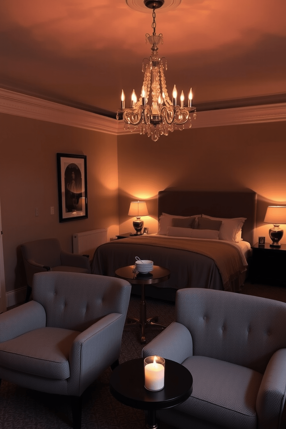 A romantic bedroom setting with soft, dim lighting that creates an intimate atmosphere. The bed is adorned with plush pillows and a luxurious throw blanket, while bedside tables hold elegant lamps that cast a warm glow. A cozy seating area features a pair of upholstered chairs positioned near a small coffee table. The walls are painted in a warm, muted tone, and a delicate chandelier hangs from the ceiling, adding a touch of sophistication.