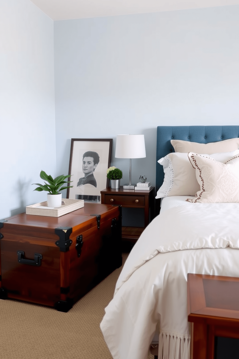 A cozy bedroom featuring a plush bed adorned with soft linens and decorative pillows. A stylish trunk at the foot of the bed serves as both storage and a statement piece, complementing the warm wood tones of the furniture. The walls are painted in a calming light blue, creating a serene atmosphere. A bedside table with a modern lamp and a small potted plant adds a touch of greenery and elegance.