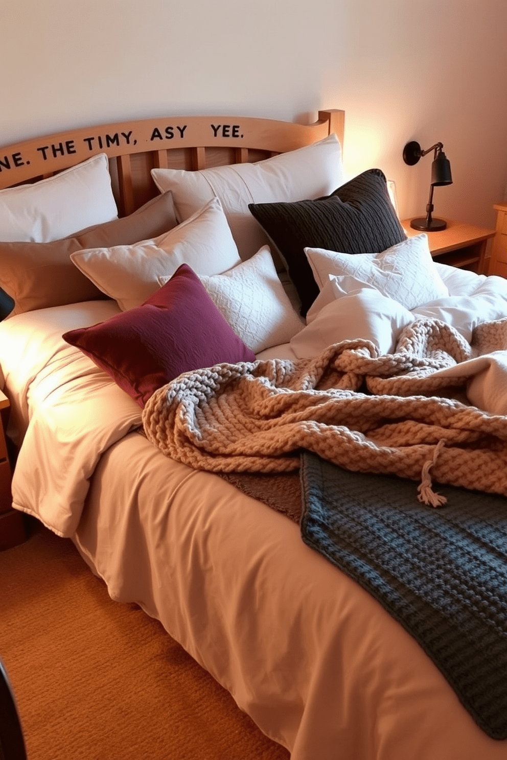 A cozy bedroom featuring layered bedding in various textures and colors. The bed is adorned with plush pillows, a chunky knit throw, and a soft quilt, creating an inviting atmosphere. Warm wood tones are present in the furniture, including a bedside table and a dresser. Soft lighting from bedside lamps casts a gentle glow, enhancing the serene ambiance of the space.