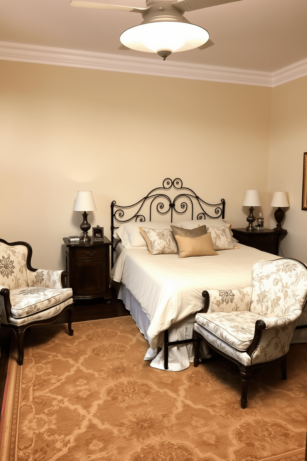 A cozy bedroom featuring vintage furniture that adds character and charm. There is a wrought iron bed with an ornate headboard dressed in soft, pastel linens and an assortment of decorative pillows. Flanking the bed are two antique nightstands, each adorned with vintage lamps that emit a warm glow. A plush armchair in the corner, upholstered in a floral fabric, invites relaxation and complements the overall aesthetic. The walls are painted in a soft cream color, enhancing the room's light and airy feel. A patterned area rug lies beneath the bed, tying the space together with a touch of elegance.