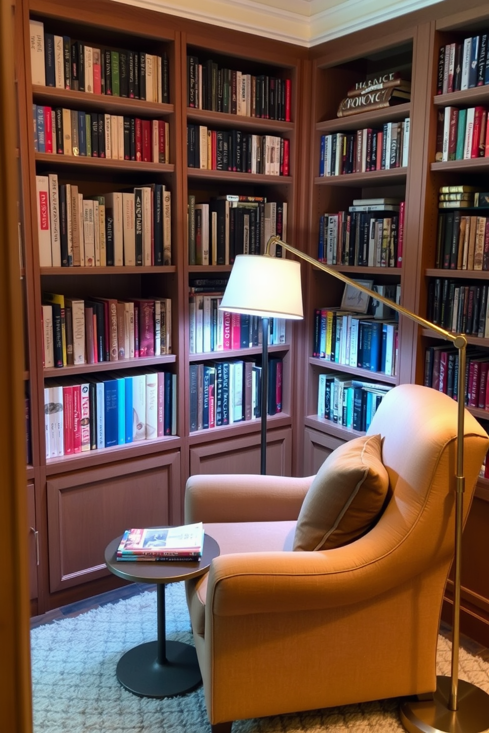 Create a cozy reading nook featuring a plush armchair upholstered in soft fabric. A small side table sits next to the chair, holding a stack of books and a warm cup of tea. The nook is illuminated by a stylish floor lamp that casts a warm glow. Surrounding the area are built-in bookshelves filled with an array of novels and decorative items.