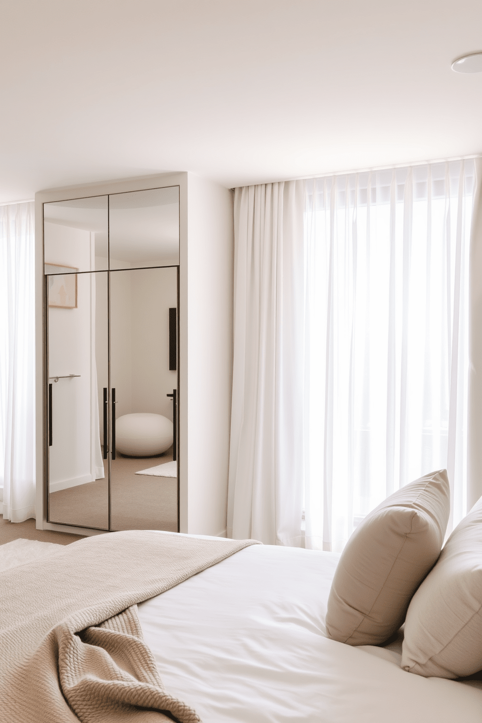 A serene bedroom setting designed to enhance natural light. The focal point is a large window draped with sheer white curtains that allow sunlight to filter in softly. Opposite the window, a sleek mirrored wardrobe reflects the light and creates an illusion of space. The bed is elegantly dressed with soft linens in neutral tones, complemented by plush pillows and a cozy throw blanket.