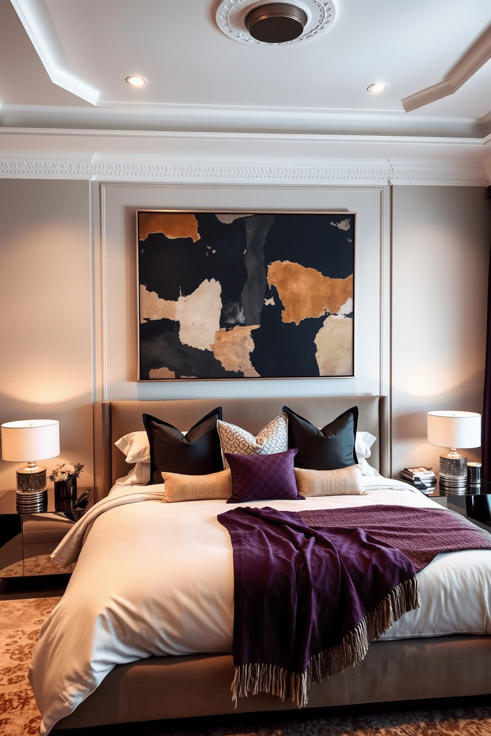 A luxurious bedroom featuring oversized artwork that commands attention on the main wall. The color palette consists of soft neutrals and deep jewel tones, creating a cozy yet elegant atmosphere. The bed is dressed in plush linens with an array of decorative pillows and a stylish throw. Flanking the bed are modern nightstands with chic lamps that provide warm lighting for a relaxing ambiance.