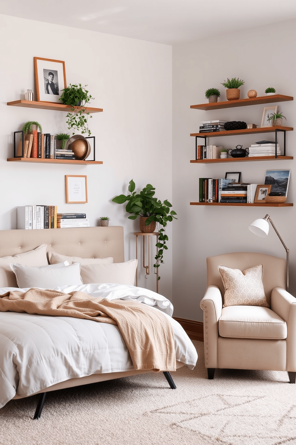 A serene bedroom setting featuring floating shelves on the walls for both decor and storage. The shelves are adorned with a mix of books, plants, and decorative items, creating a personalized touch. The bed is dressed in soft, neutral linens with an oversized upholstered headboard. A cozy reading nook is created in one corner with a plush armchair and a small side table.