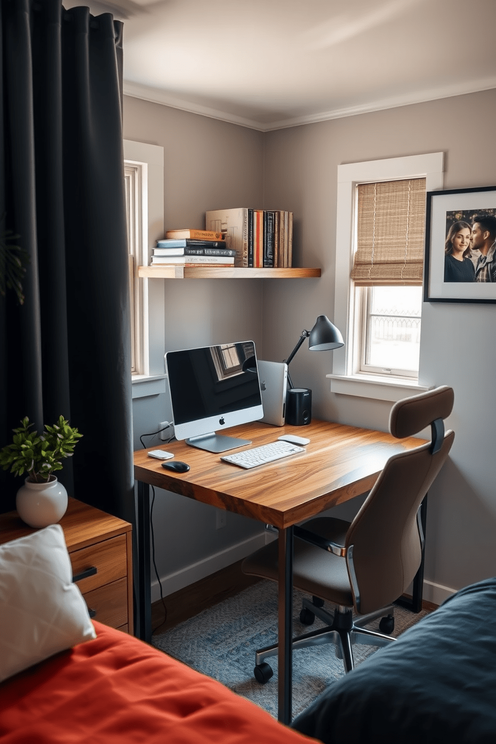 A cozy small workspace is nestled in the corner of a stylish bedroom. The desk is made of reclaimed wood with a sleek metal frame, paired with a comfortable ergonomic chair in soft fabric. Natural light streams in through a nearby window, illuminating the space and creating an inviting atmosphere. Shelves above the desk hold books and personal items, adding a touch of personality to the workspace.