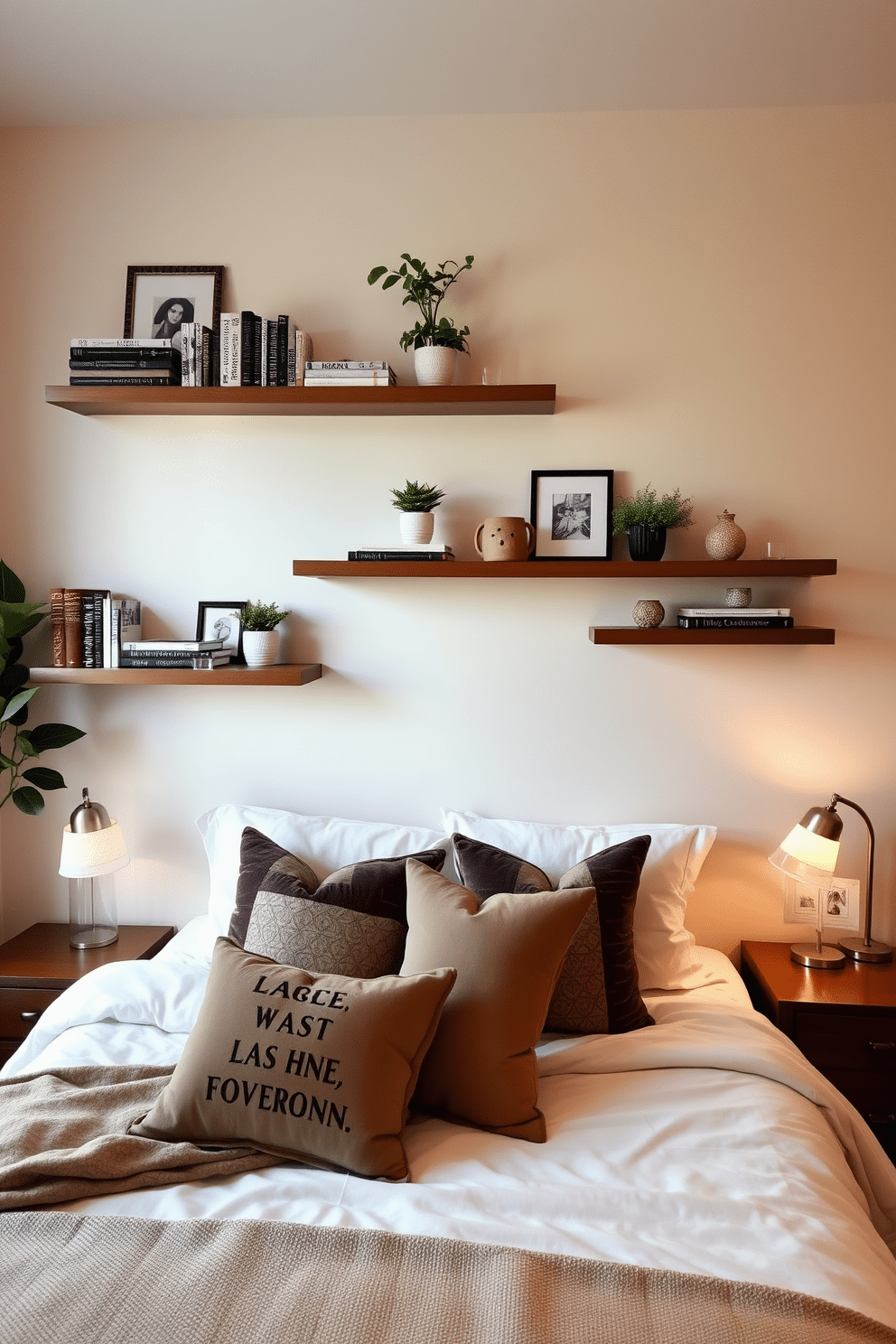 A cozy bedroom featuring floating shelves on the wall for stylish storage. The shelves are adorned with decorative books plants and personal mementos creating a warm and inviting atmosphere. The bed is centered in the room with plush bedding and elegant throw pillows. Soft lighting from bedside lamps enhances the romantic ambiance perfect for couples.