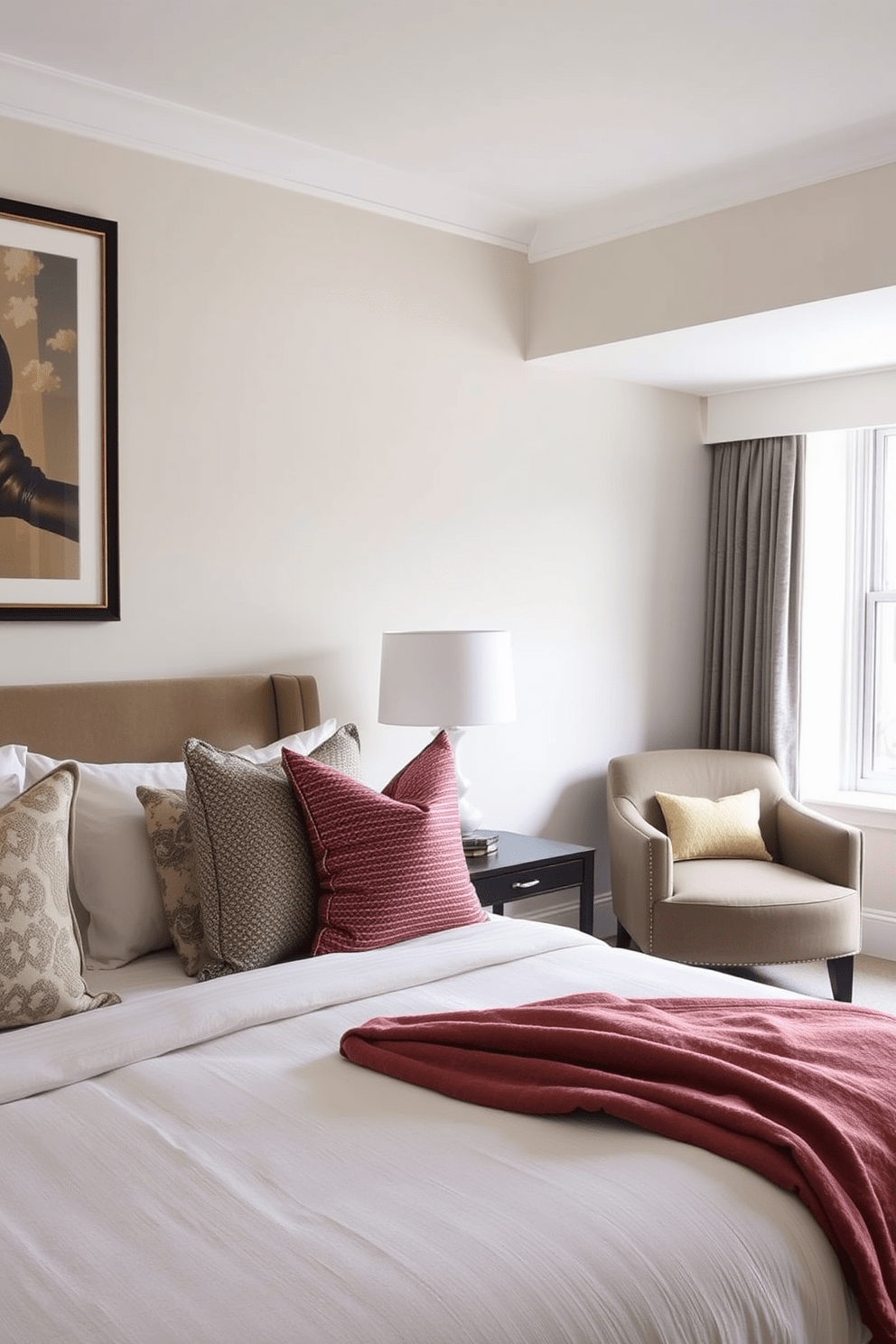 Accent pillows in various patterns adorn a plush bed with a soft, neutral-colored duvet. The room features a cozy reading nook by the window, complete with a stylish armchair and a small side table.