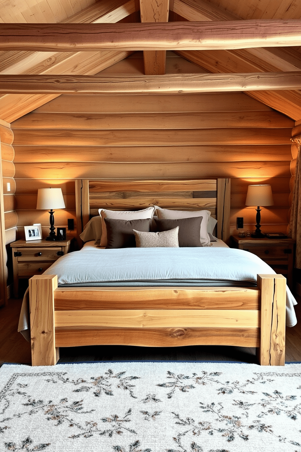 A cozy bedroom for couples featuring rustic wood elements that create a warm and inviting atmosphere. The bed is framed with reclaimed wood, adorned with plush bedding in earthy tones, and flanked by matching nightstands made of distressed wood. Soft lighting from bedside lamps casts a gentle glow, enhancing the intimate feel of the space. Natural wood beams traverse the ceiling, while a large area rug adds texture and comfort underfoot.