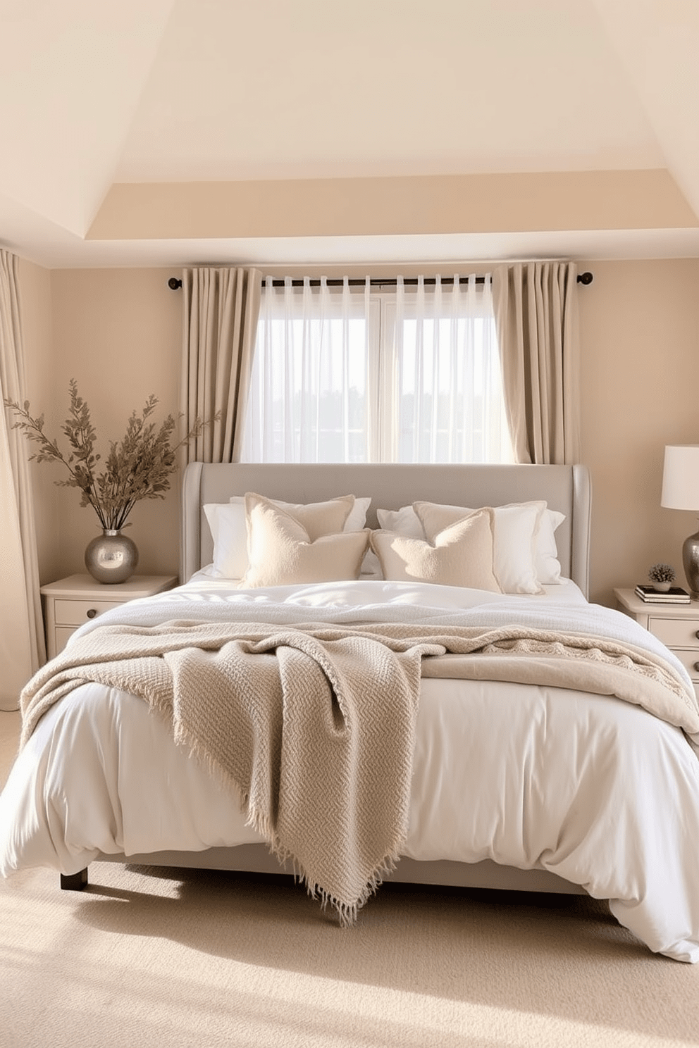 A serene bedroom setting designed for couples with a soft neutral color palette. The walls are painted in a warm beige, and the bedding features layers of cream and light gray textures. A plush king-sized bed is centered in the room, adorned with fluffy pillows and a cozy throw. Natural light filters through sheer curtains, creating a calming atmosphere that invites relaxation.