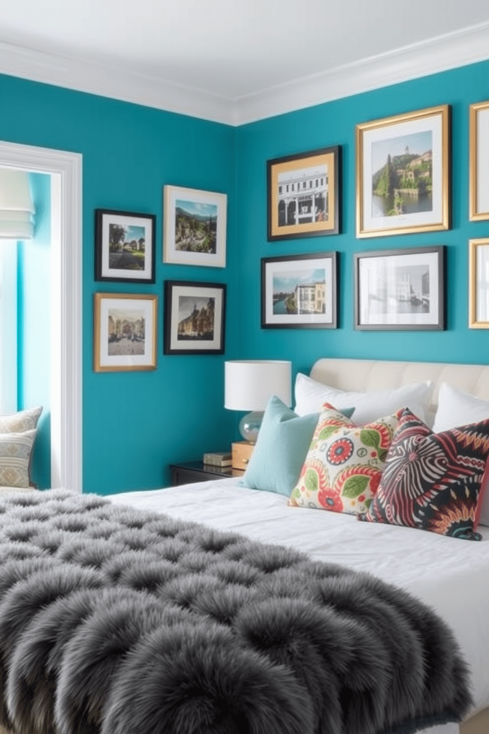 A vibrant accent wall painted in a bold teal color serves as the focal point of the bedroom. The wall is adorned with framed artwork that reflects the couple's shared interests and travels. The rest of the room features a calming palette of soft whites and grays, creating a serene atmosphere. A plush gray bedspread and colorful throw pillows add texture and warmth, inviting relaxation and intimacy.