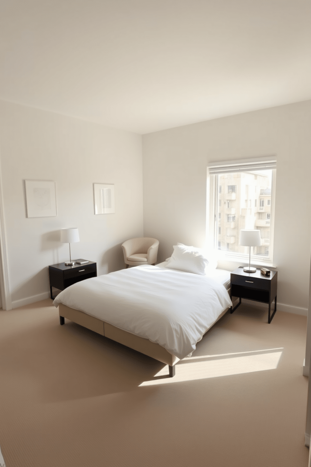 A serene bedroom featuring a low-profile bed with a simple white duvet and matching pillows. The walls are painted in soft neutral tones and a large window allows natural light to fill the room. A pair of sleek nightstands with minimalist lamps sit on either side of the bed. A cozy reading nook with a single armchair and a small bookshelf is positioned in one corner, creating a perfect retreat for couples.