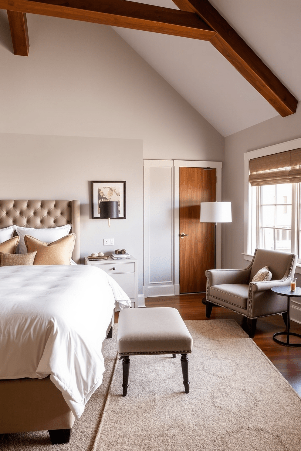 A cozy bedroom designed for couples features a plush king-sized bed with a tufted headboard dressed in soft, neutral linens. Adjacent to the bed, a comfortable seating area includes a pair of elegant armchairs and a small side table, perfect for intimate conversations or reading. The walls are painted in a calming light gray, complemented by warm wood accents throughout the space. A large window allows natural light to flood in, and a stylish area rug anchors the seating area, adding texture and warmth to the overall design.