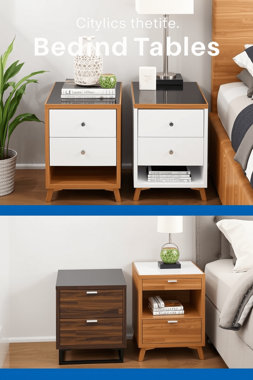 Stylish bedside tables designed for functionality. Each table features a sleek surface with ample storage space and stylish accents to enhance the overall decor. Incorporate a mix of materials such as wood and metal for a modern touch. Choose colors that complement the bedroom palette while adding a sense of warmth and elegance.