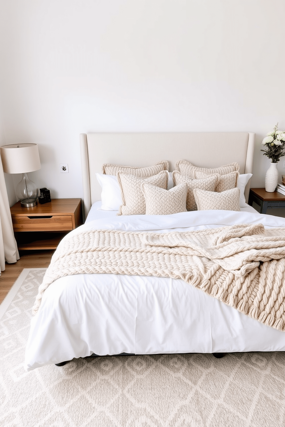 A cozy bedroom for couples featuring a plush king-size bed adorned with a soft velvet headboard and layered with various textured throw pillows. The bedding is a mix of crisp white sheets and a chunky knit blanket, adding warmth and comfort to the space. On one side of the bed, a sleek wooden nightstand holds a modern lamp with a fabric shade, while the other side features a vintage-inspired table with a decorative vase. The walls are painted in a soothing pastel hue, and a large area rug with a geometric pattern anchors the room, enhancing the overall depth and inviting atmosphere.