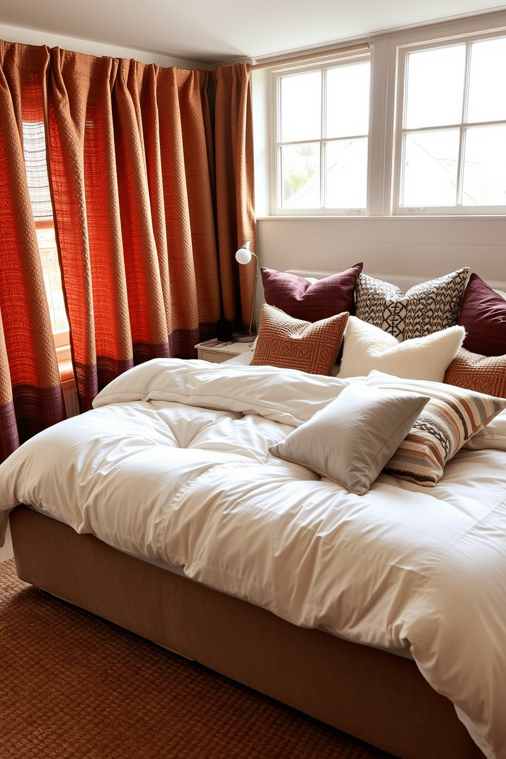 A cozy bedroom for couples featuring layered textures that create a warm and inviting atmosphere. The bed is dressed with a plush duvet, complemented by an array of soft throw pillows in varying fabrics. Richly textured curtains frame the windows, allowing soft light to filter through. A woven area rug lies beneath the bed, adding depth and comfort to the space.