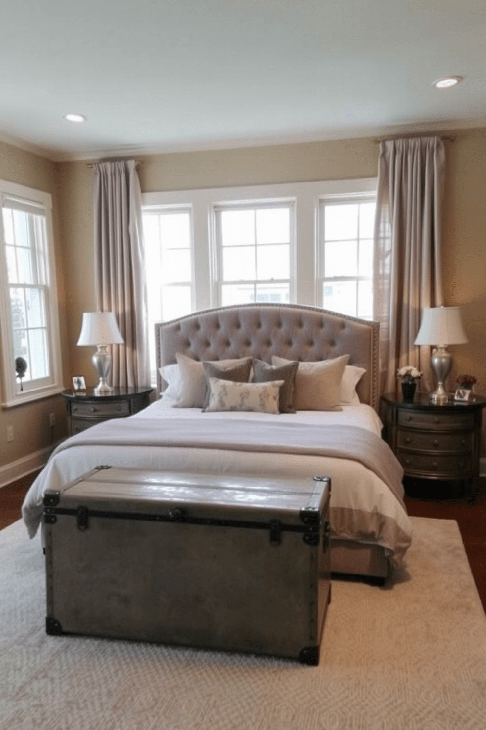 A cozy bedroom designed for couples features a plush king-sized bed with a tufted headboard in soft gray fabric. On either side of the bed, vintage nightstands hold elegant lamps, and a large vintage trunk at the foot of the bed provides stylish storage. The walls are painted in a warm beige tone, creating a welcoming atmosphere, while a soft area rug adds texture underfoot. Large windows dressed in sheer curtains allow natural light to filter in, enhancing the overall warmth of the space.