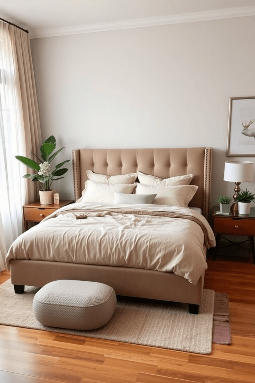 A cozy bedroom for couples featuring a large upholstered bed with plush bedding in soft neutral tones. On either side of the bed, stylish nightstands hold elegant lamps, and lush potted plants add a touch of greenery and freshness to the space. The walls are adorned with calming artwork, while a soft area rug lies beneath the bed, bringing warmth to the hardwood floor. Natural light floods the room through sheer curtains, creating a serene and inviting atmosphere perfect for relaxation.