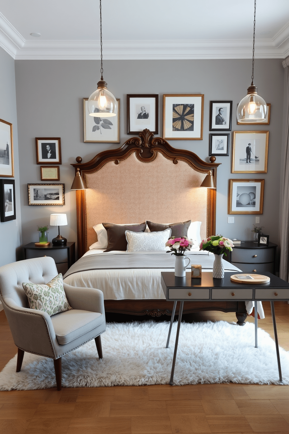 A cozy bedroom featuring a blend of vintage and contemporary styles. The room showcases a plush king-sized bed with an ornate wooden headboard paired with modern bedside tables. Soft, warm lighting emanates from stylish pendant lamps hanging above the nightstands. A vintage armchair in the corner complements a sleek, minimalist desk adorned with fresh flowers. The walls are painted in a soft gray, accented by a gallery of framed artwork that mixes classic and modern pieces. A plush area rug lies beneath the bed, adding texture and warmth to the space.