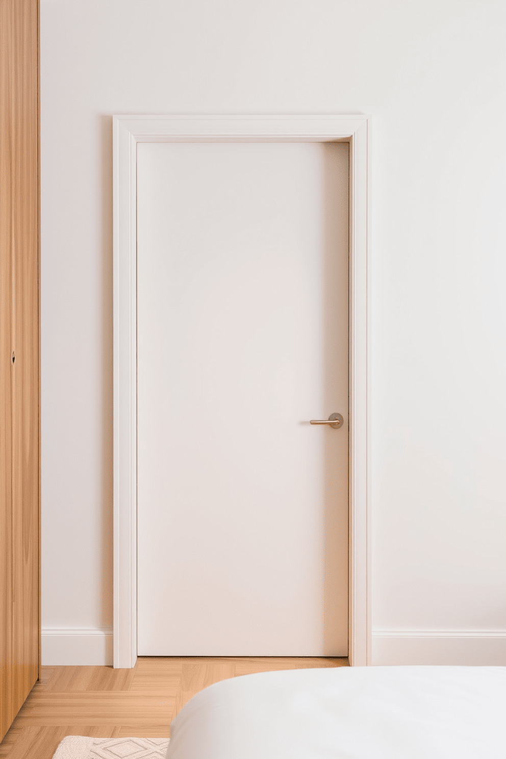 A minimalist bedroom door design featuring sleek lines and a smooth finish. The door is framed by a subtle trim that complements the overall simplicity of the space.