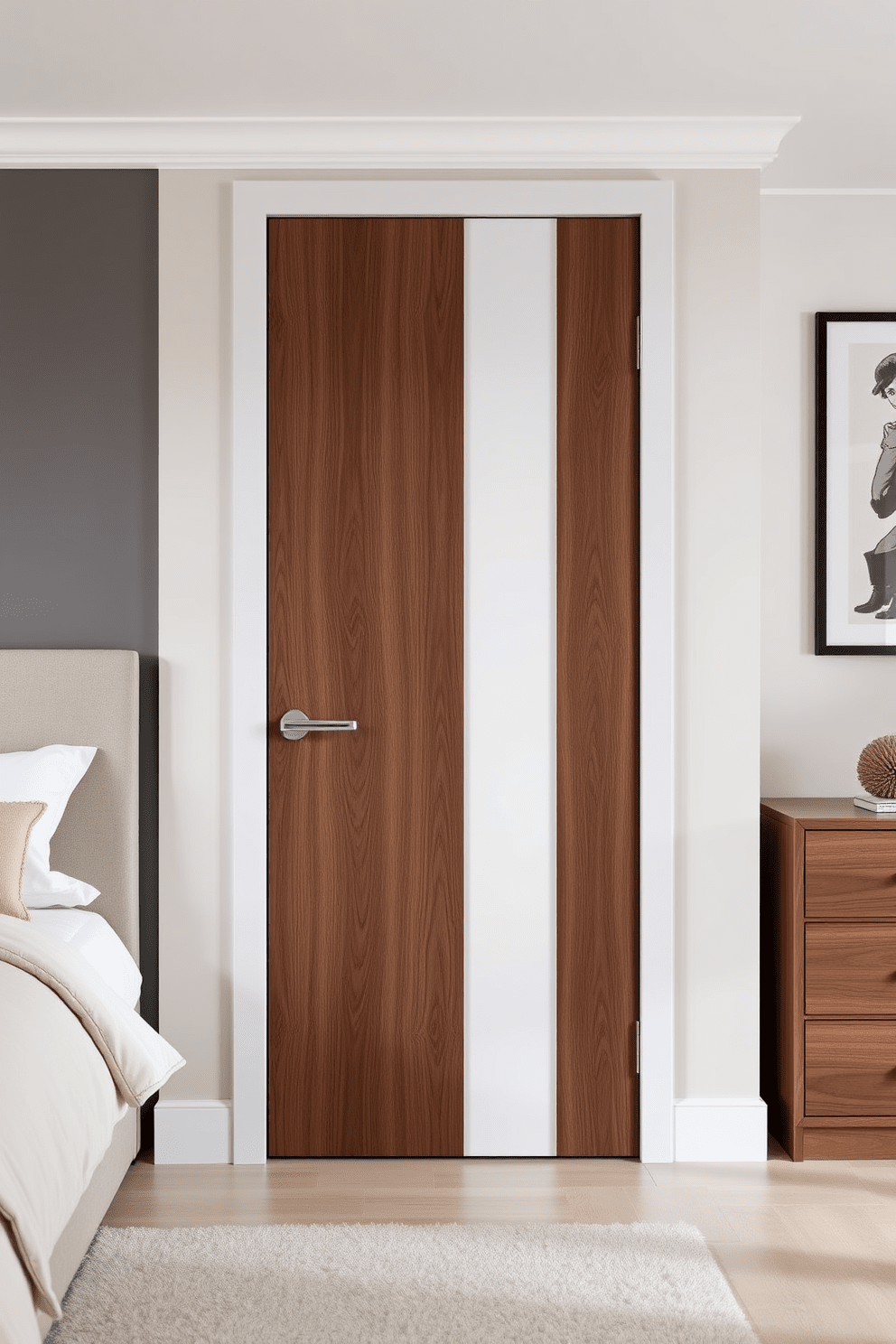 A contemporary bedroom door featuring a two-tone design that combines a rich walnut finish with a sleek white panel. The door's minimalist hardware complements the modern aesthetic, creating a striking focal point in the room.