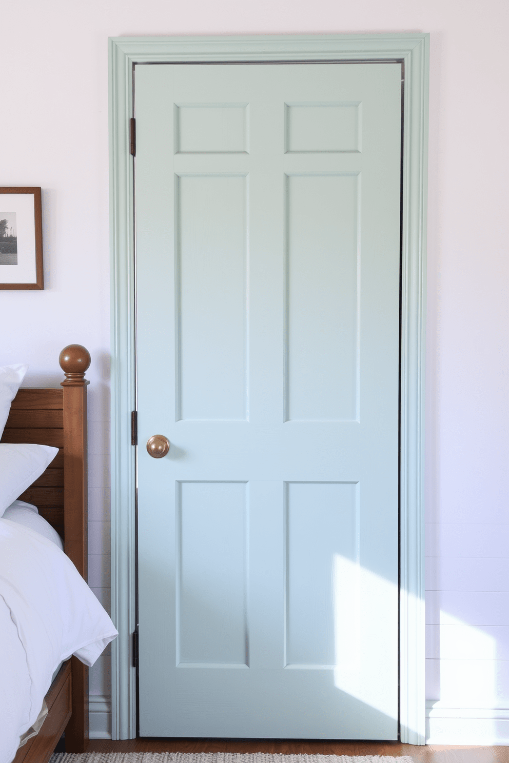 A charming bedroom door design featuring shiplap panels that evoke a coastal vibe. The door is painted in a soft seafoam green, enhancing the beachy aesthetic and inviting natural light into the space. The shiplap texture adds depth and character, complementing the surrounding decor. Accentuated with simple bronze hardware, the door seamlessly blends functionality with coastal charm.