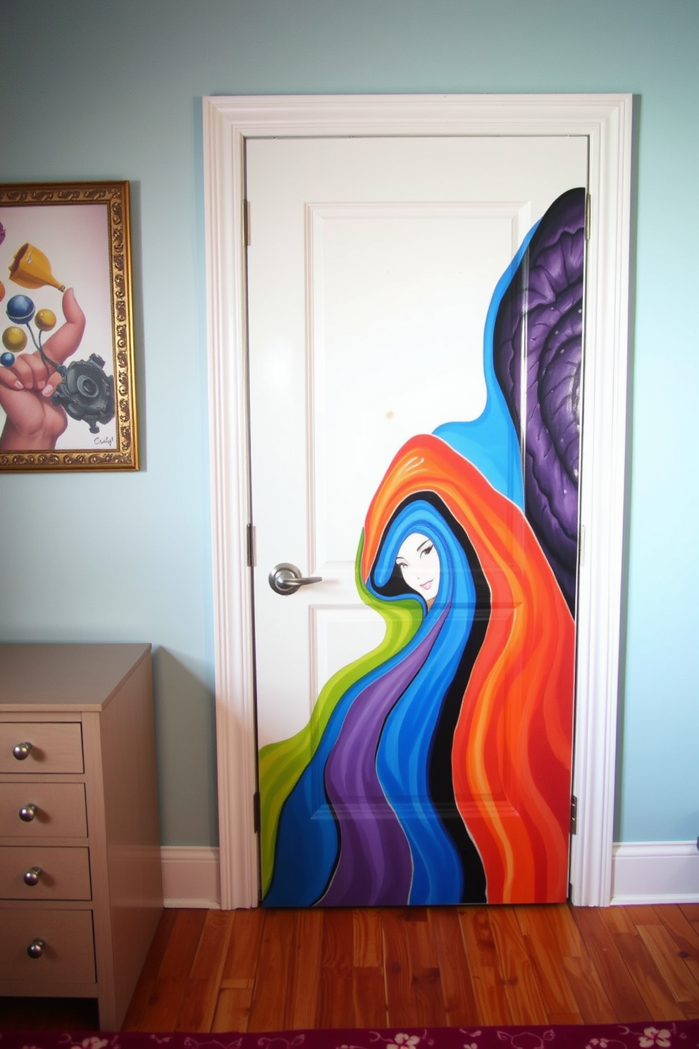 A beautifully designed bedroom door features a painted mural that adds an artistic touch to the space. The vibrant colors of the mural create a stunning focal point, enhancing the overall aesthetic of the room.