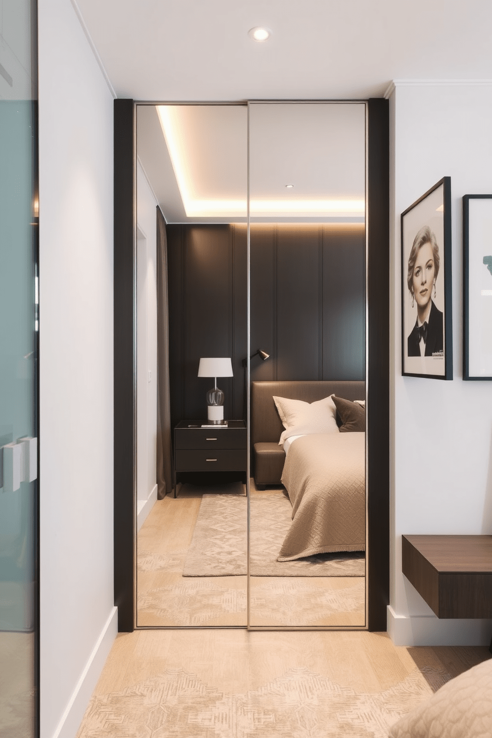 A mirrored door creates an illusion of space, reflecting light and enhancing the room's openness. This design is perfect for small bedrooms, adding a touch of elegance while maximizing the sense of area. Consider incorporating a sleek, frameless mirrored door that blends seamlessly with the surrounding walls. This minimalist approach not only elevates the aesthetic but also provides functionality by serving as a full-length mirror.