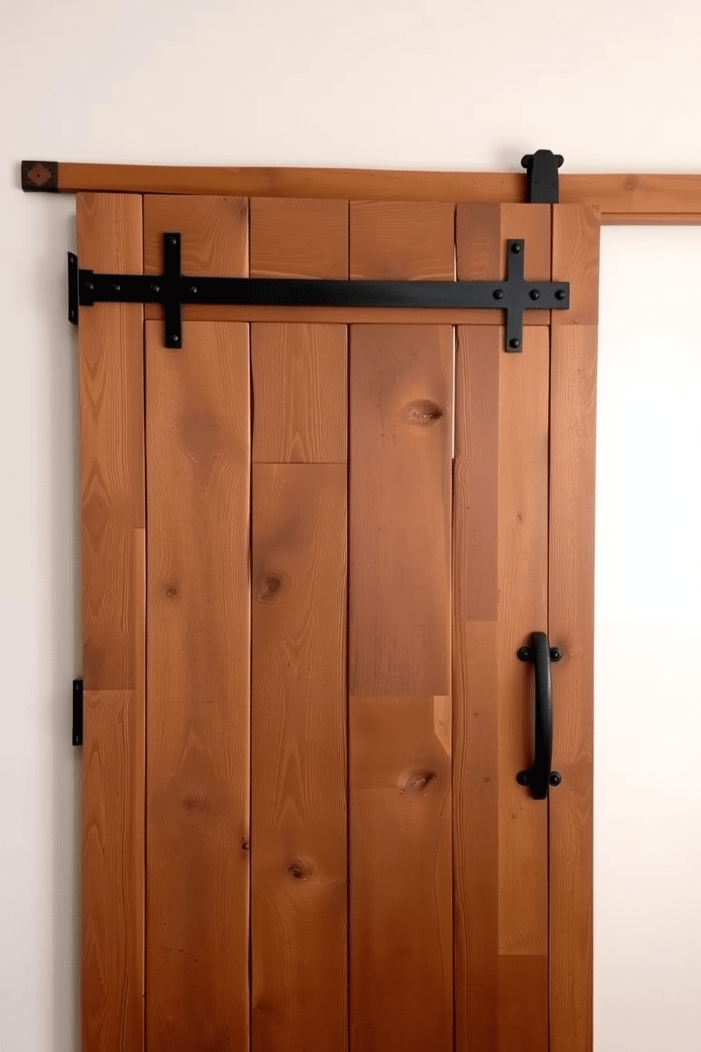 A rustic farmhouse door made of reclaimed wood with visible knots and grain adds character to the bedroom. The door features antique black hardware, including a sturdy handle and a decorative hinge, enhancing its vintage appeal.