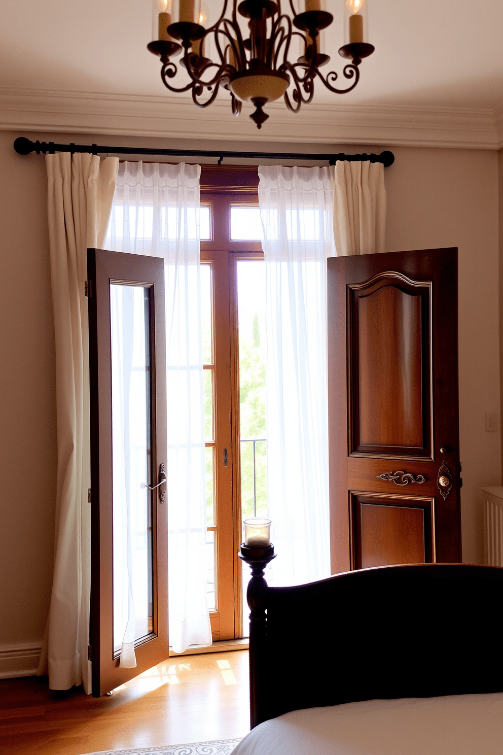 A serene bedroom featuring elegant French doors that open to a private balcony, allowing natural light to flood the space. The doors are framed by sheer white curtains that gently sway with the breeze, enhancing the airy atmosphere. The bedroom door is designed with a rich wood finish, showcasing intricate carvings that add a touch of sophistication. Soft lighting from a stylish chandelier casts a warm glow, complementing the inviting decor and cozy ambiance.