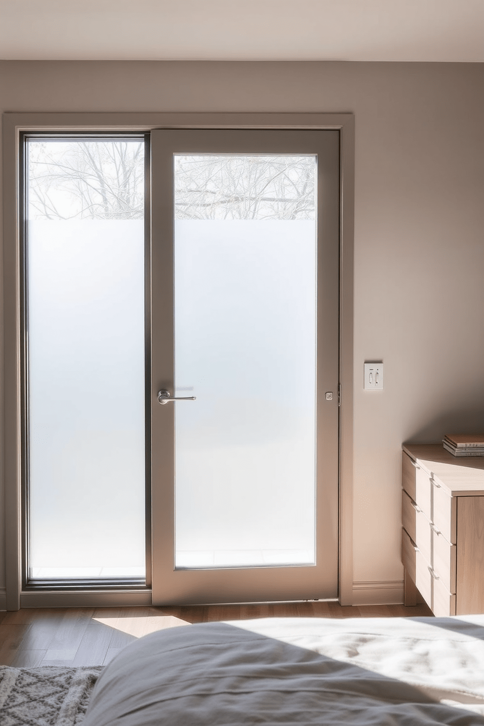 A sleek glass panel door enhances the airy ambiance of the bedroom, allowing natural light to flow seamlessly into the space. The door features a minimalist frame in a soft matte finish, complementing the room's modern aesthetic. The design includes frosted glass for privacy while maintaining an open feel. Elegant hardware in brushed nickel adds a touch of sophistication to the overall look.