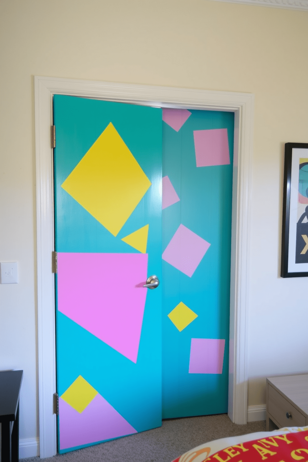 A vibrant bedroom door adorned with playful geometric patterns creates a cheerful entrance. The door is painted in a bright teal color, featuring bold yellow and pink shapes that add a whimsical touch to the room.