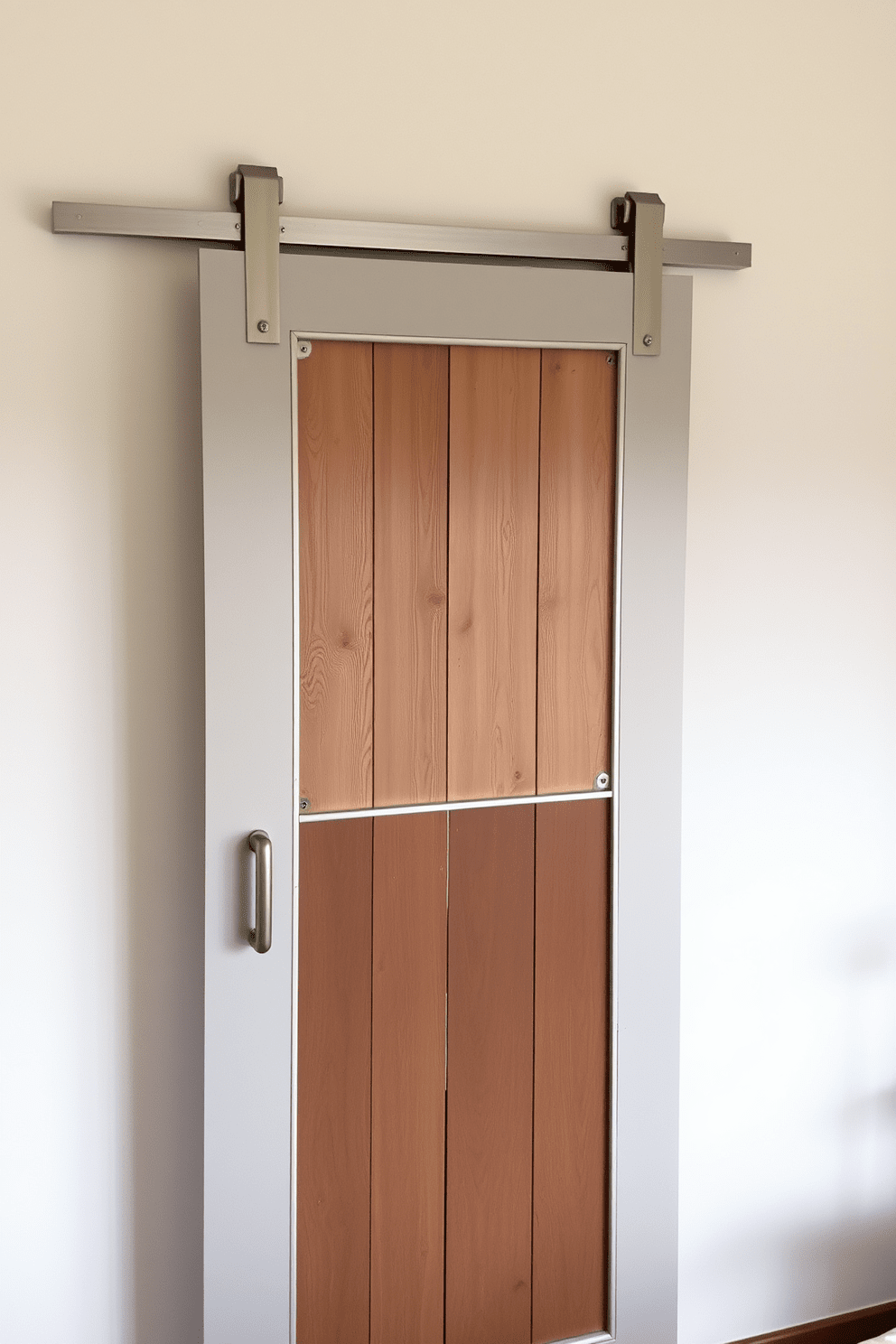 An industrial style bedroom door features a sleek metal frame with a distressed wood panel that adds character. The door is complemented by exposed hinges and a minimalist handle, enhancing the modern aesthetic of the space.