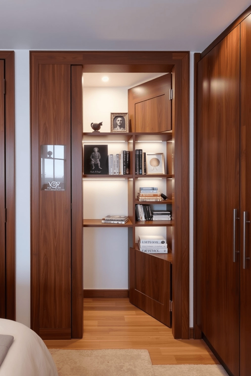 A stylish bedroom door features a built-in bookshelf that seamlessly integrates with the door frame. The shelves are filled with neatly arranged books and decorative items, adding both functionality and charm to the space. The door itself is crafted from rich hardwood with a smooth finish, enhancing the overall aesthetic of the bedroom. Soft lighting above the bookshelf highlights the contents, creating an inviting atmosphere.