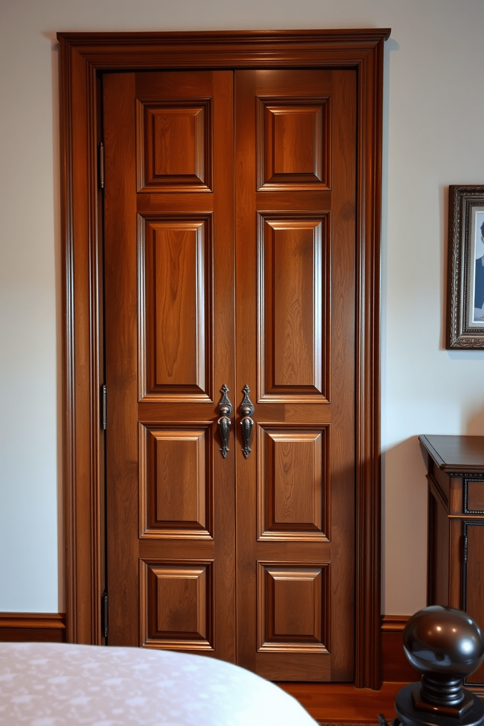 A classic paneled door with intricate detailing adds a touch of timeless elegance to any bedroom. The door features a rich wood finish that complements the surrounding decor, creating a warm and inviting atmosphere. The design includes elegant hardware that enhances its sophisticated look. Soft lighting highlights the door's craftsmanship, making it a focal point in the room.