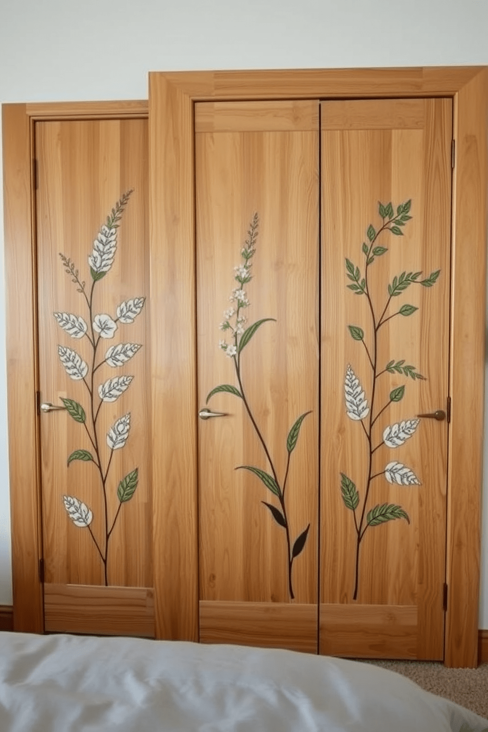 A nature-inspired bedroom door features intricate botanical prints that evoke a sense of tranquility and connection to the outdoors. The door is crafted from natural wood, showcasing the grain and texture, while the prints are subtly integrated to enhance the overall aesthetic.