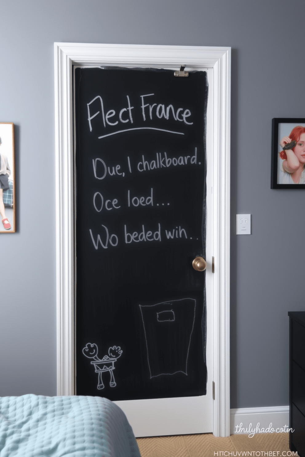 A bedroom door featuring a sleek design painted with chalkboard paint invites creativity and personalization. This unique door allows for easy writing and drawing, making it a fun addition to any bedroom space.