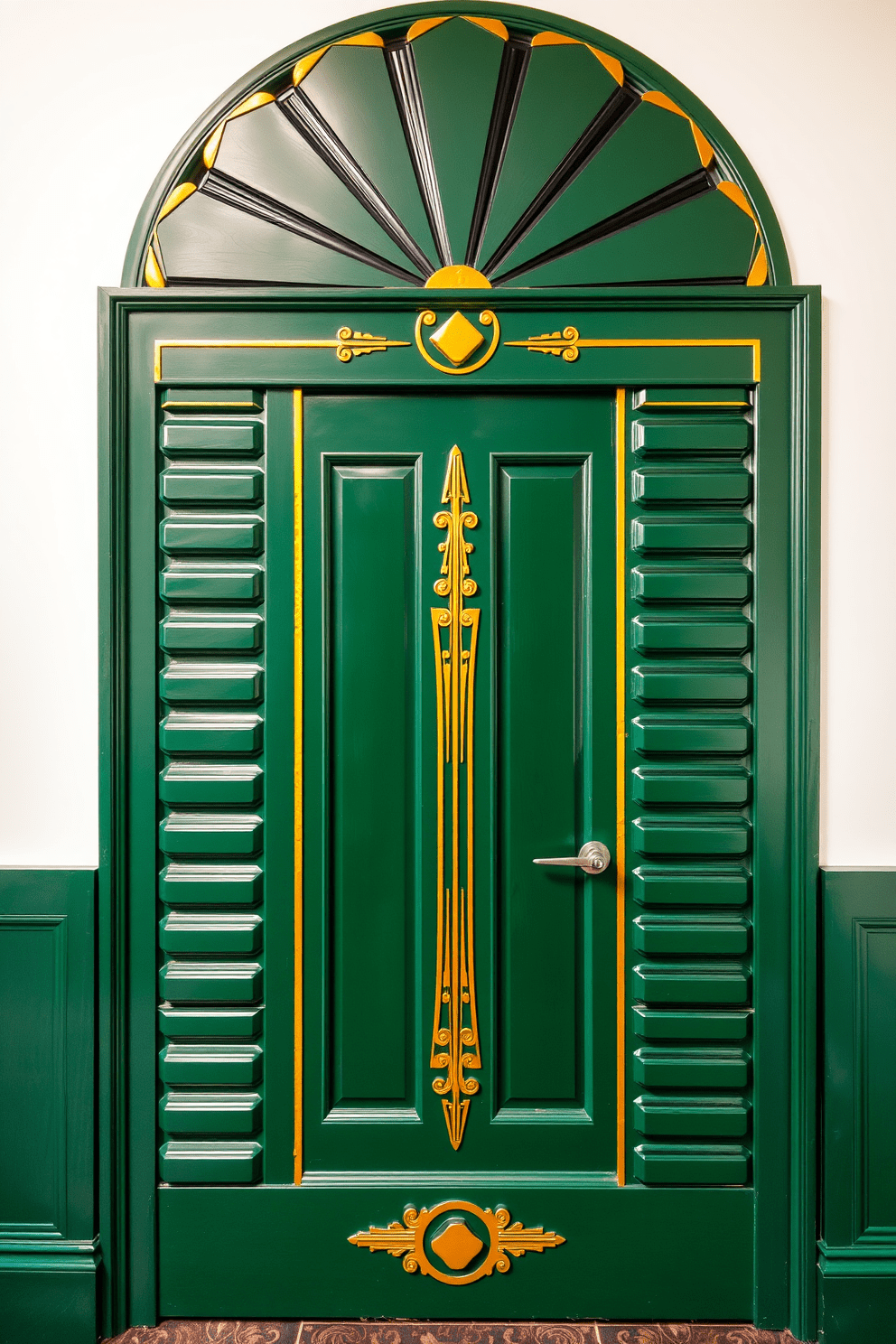 Art-deco inspired door featuring bold geometric lines and intricate detailing. The door is painted in a deep emerald green with gold accents, creating a striking focal point in the room.